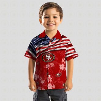 Custom San Francisco 49ers Hawaiian Shirt with US Flag & Hibiscus Red Print