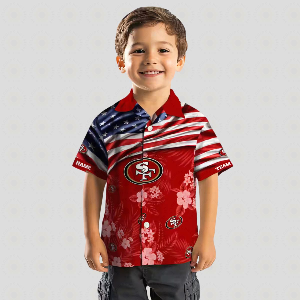 Custom San Francisco 49ers Hawaiian Shirt with US Flag & Hibiscus Red Print