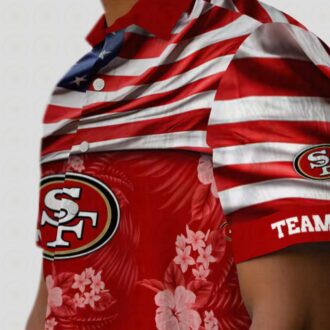 Custom San Francisco 49ers Hawaiian Shirt with US Flag & Hibiscus Red Print
