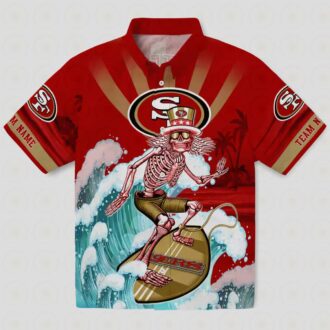 Custom San Francisco 49ers Surfing Skeleton Hawaiian Shirt, Red & Blue NFL Beach Shirt
