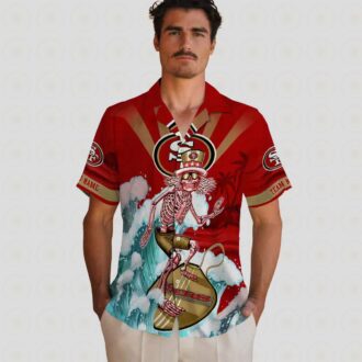 Custom San Francisco 49ers Surfing Skeleton Hawaiian Shirt, Red & Blue NFL Beach Shirt