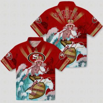 Custom San Francisco 49ers Surfing Skeleton Hawaiian Shirt, Red & Blue NFL Beach Shirt