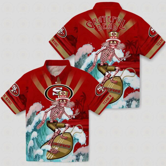 Custom San Francisco 49ers Surfing Skeleton Hawaiian Shirt, Red & Blue NFL Beach Shirt