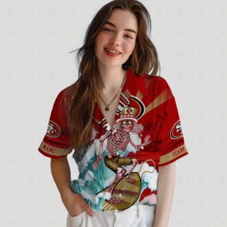 Custom San Francisco 49ers Surfing Skeleton Hawaiian Shirt, Red & Blue NFL Beach Shirt