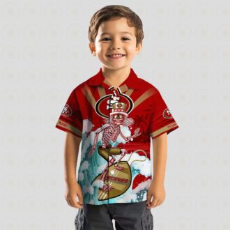 Custom San Francisco 49ers Surfing Skeleton Hawaiian Shirt, Red & Blue NFL Beach Shirt