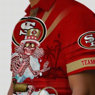 Custom San Francisco 49ers Surfing Skeleton Hawaiian Shirt, Red & Blue NFL Beach Shirt