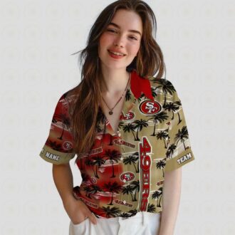 Personalized San Francisco 49ers Hawaiian Shirt, Red Palm Silhouettes Aloha Shirt for NFL Fans
