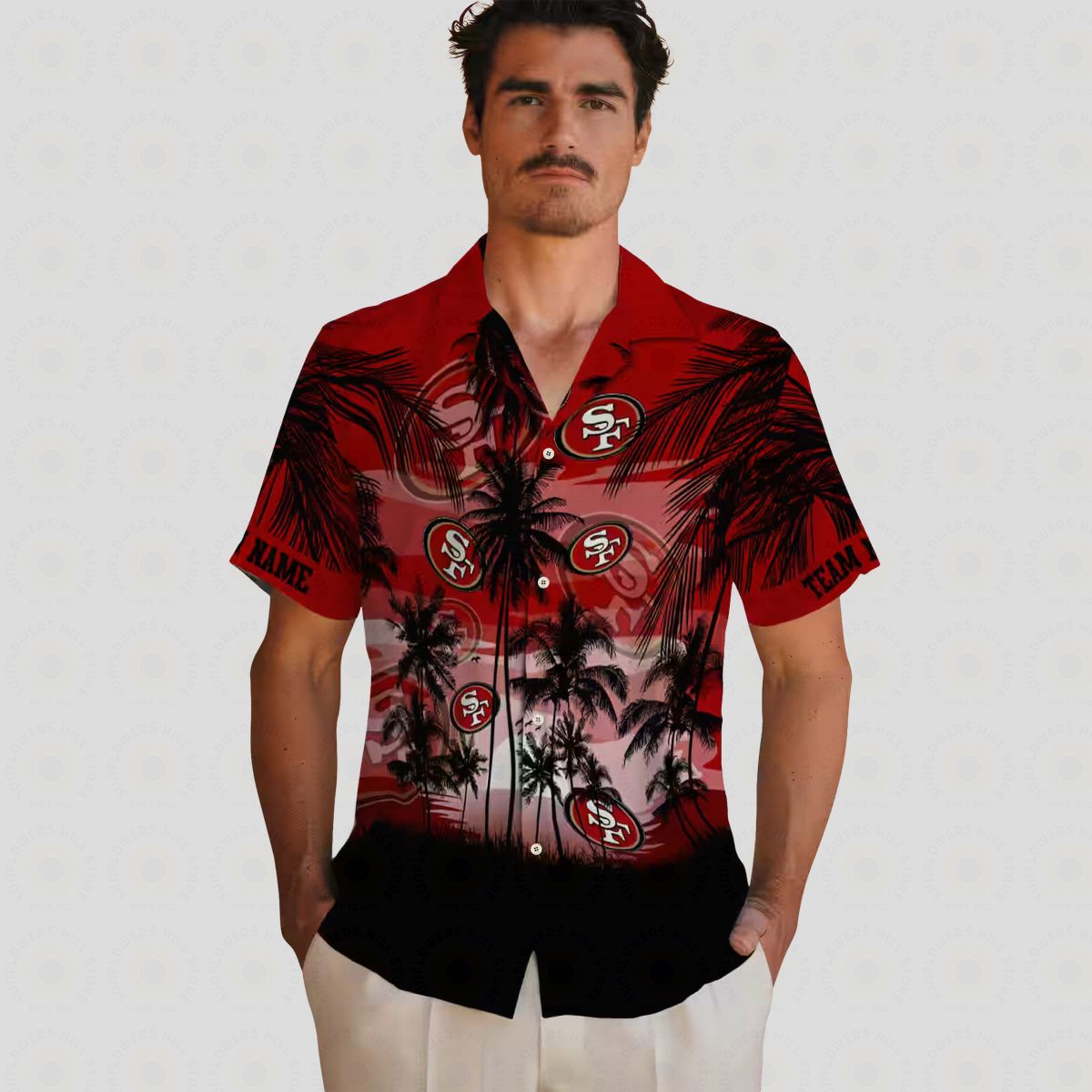 Personalized San Francisco 49ers Sunset Scene Hawaiian Shirt, Red & Black NFL Aloha Shirt