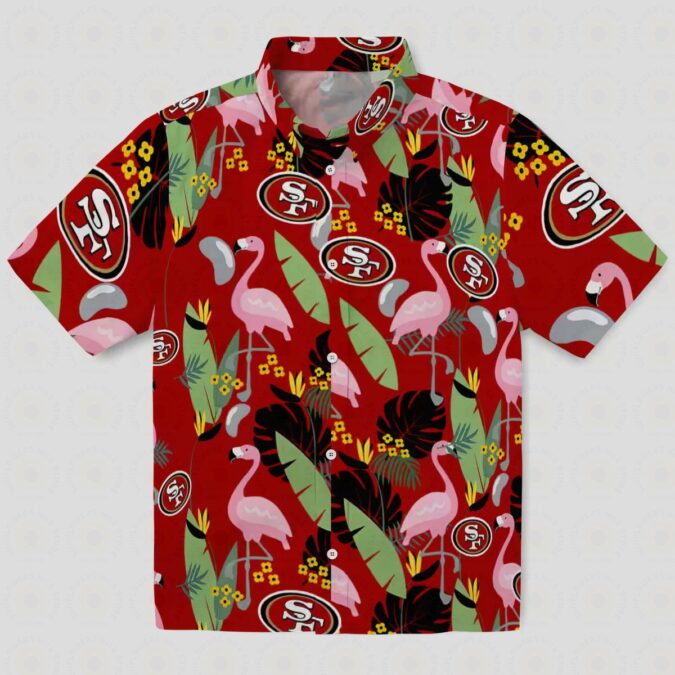 Red San Francisco 49ers Flamingo Leaves Hawaiian Shirt, Gift for NFL Fans and Beach Lovers