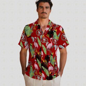Red San Francisco 49ers Flamingo Leaves Hawaiian Shirt, Gift for NFL Fans and Beach Lovers