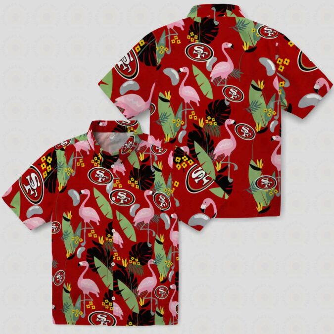 Red San Francisco 49ers Flamingo Leaves Hawaiian Shirt, Gift for NFL Fans and Beach Lovers