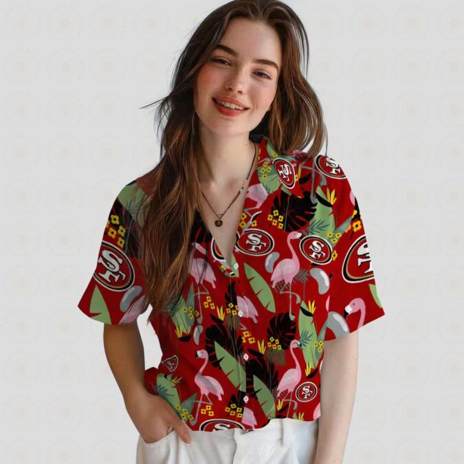 Red San Francisco 49ers Flamingo Leaves Hawaiian Shirt, Gift for NFL Fans and Beach Lovers