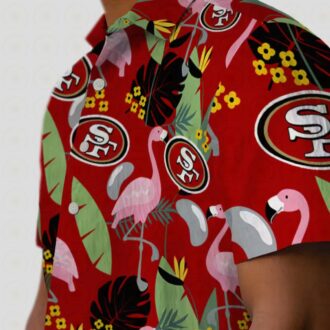 Red San Francisco 49ers Flamingo Leaves Hawaiian Shirt, Gift for NFL Fans and Beach Lovers