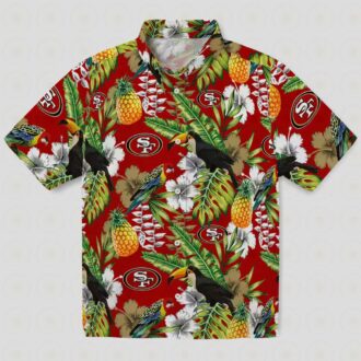 San Francisco 49ers Aloha Shirt, Personalized Tropical Toucan Red & Green Hawaiian Shirt
