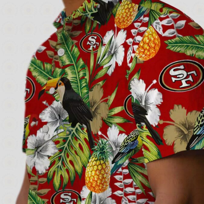 San Francisco 49ers Aloha Shirt, Personalized Tropical Toucan Red & Green Hawaiian Shirt