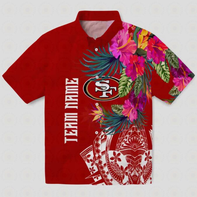 San Francisco 49ers Floral Hawaiian Shirt, Red Polynesian Aloha Shirt, Summer Vacation Gift