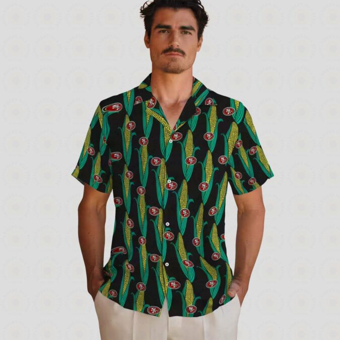 San Francisco 49ers Hawaiian Shirt with Corn Motif, Black & Green Aloha Shirt for NFL Fans