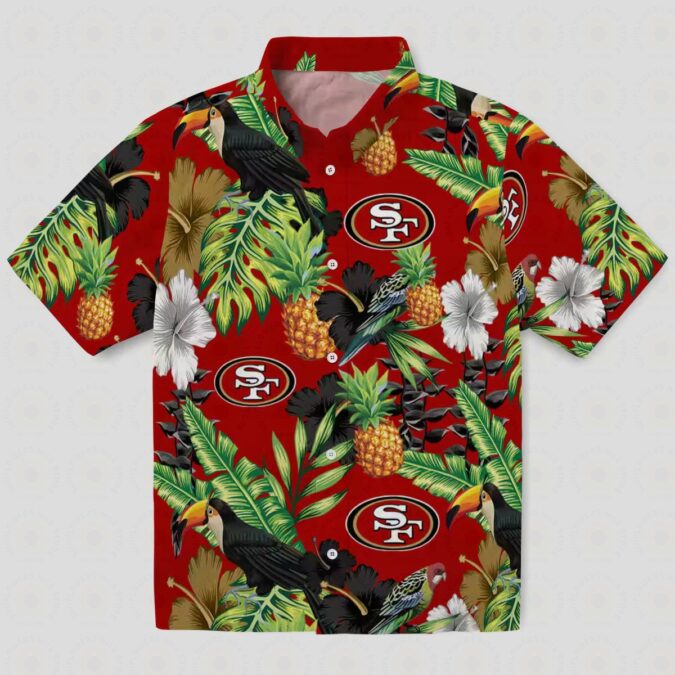 San Francisco 49ers Hawaiian Shirt – Toucan Hibiscus Pineapple Red & Green Aloha Shirt for NFL Fans
