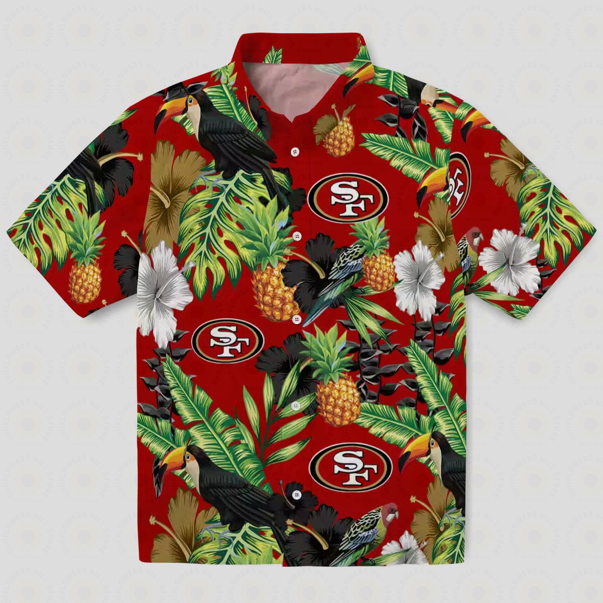 San Francisco 49ers Hawaiian Shirt – Toucan Hibiscus Pineapple Red & Green Aloha Shirt for NFL Fans
