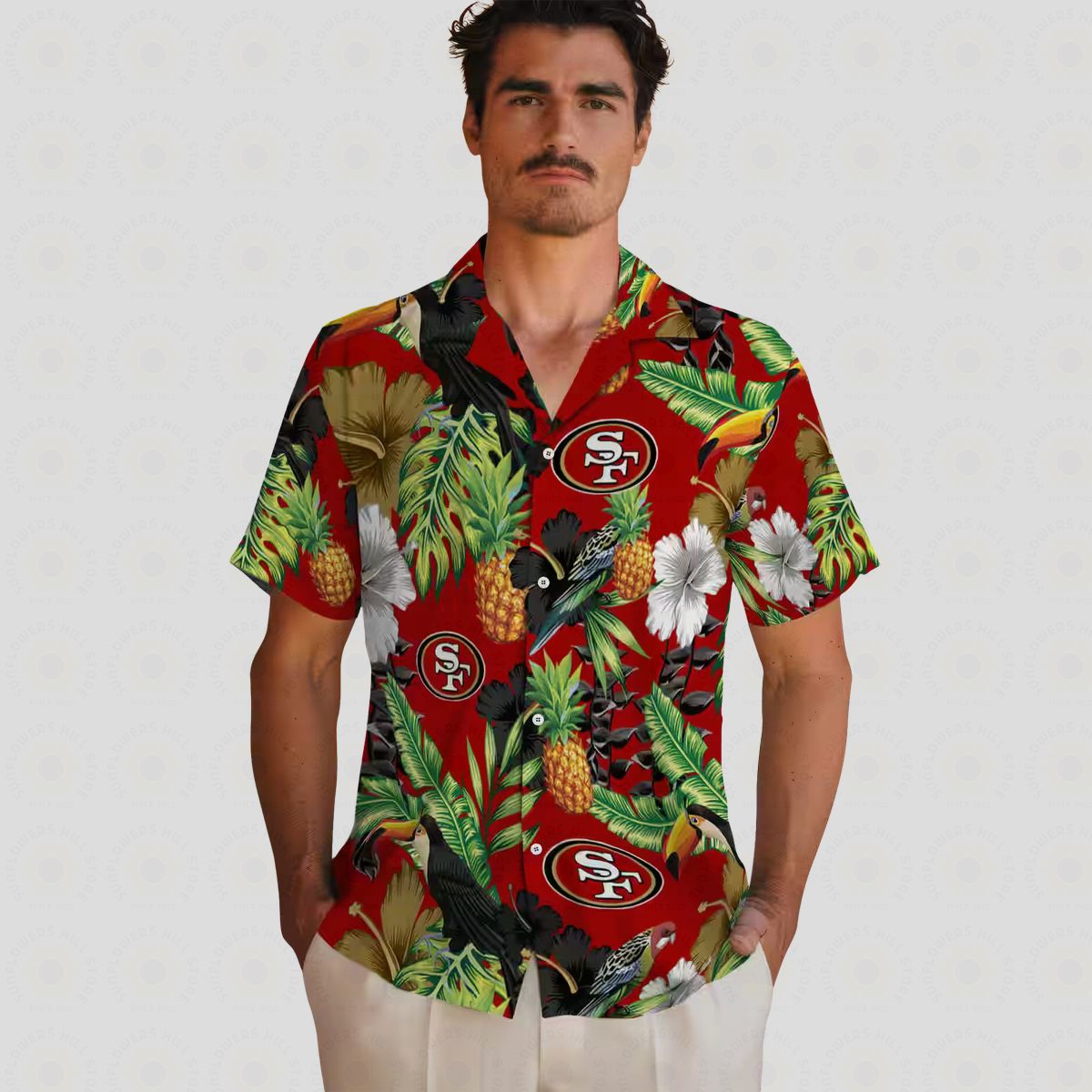 San Francisco 49ers Hawaiian Shirt – Toucan Hibiscus Pineapple Red & Green Aloha Shirt for NFL Fans