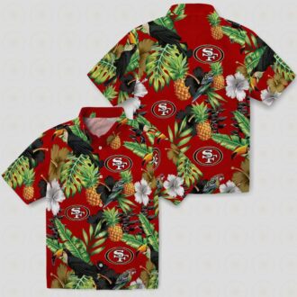 San Francisco 49ers Hawaiian Shirt – Toucan Hibiscus Pineapple Red & Green Aloha Shirt for NFL Fans