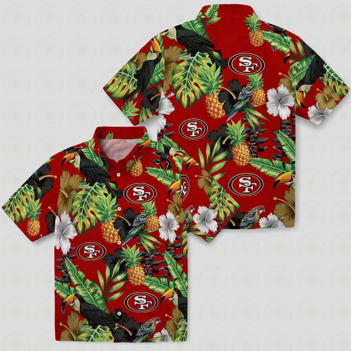 San Francisco 49ers Hawaiian Shirt – Toucan Hibiscus Pineapple Red & Green Aloha Shirt for NFL Fans