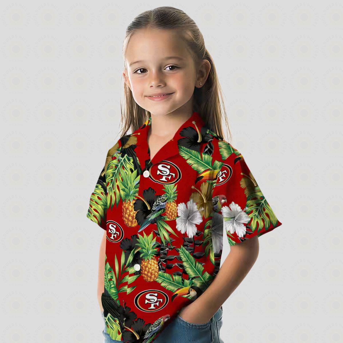 San Francisco 49ers Hawaiian Shirt – Toucan Hibiscus Pineapple Red & Green Aloha Shirt for NFL Fans