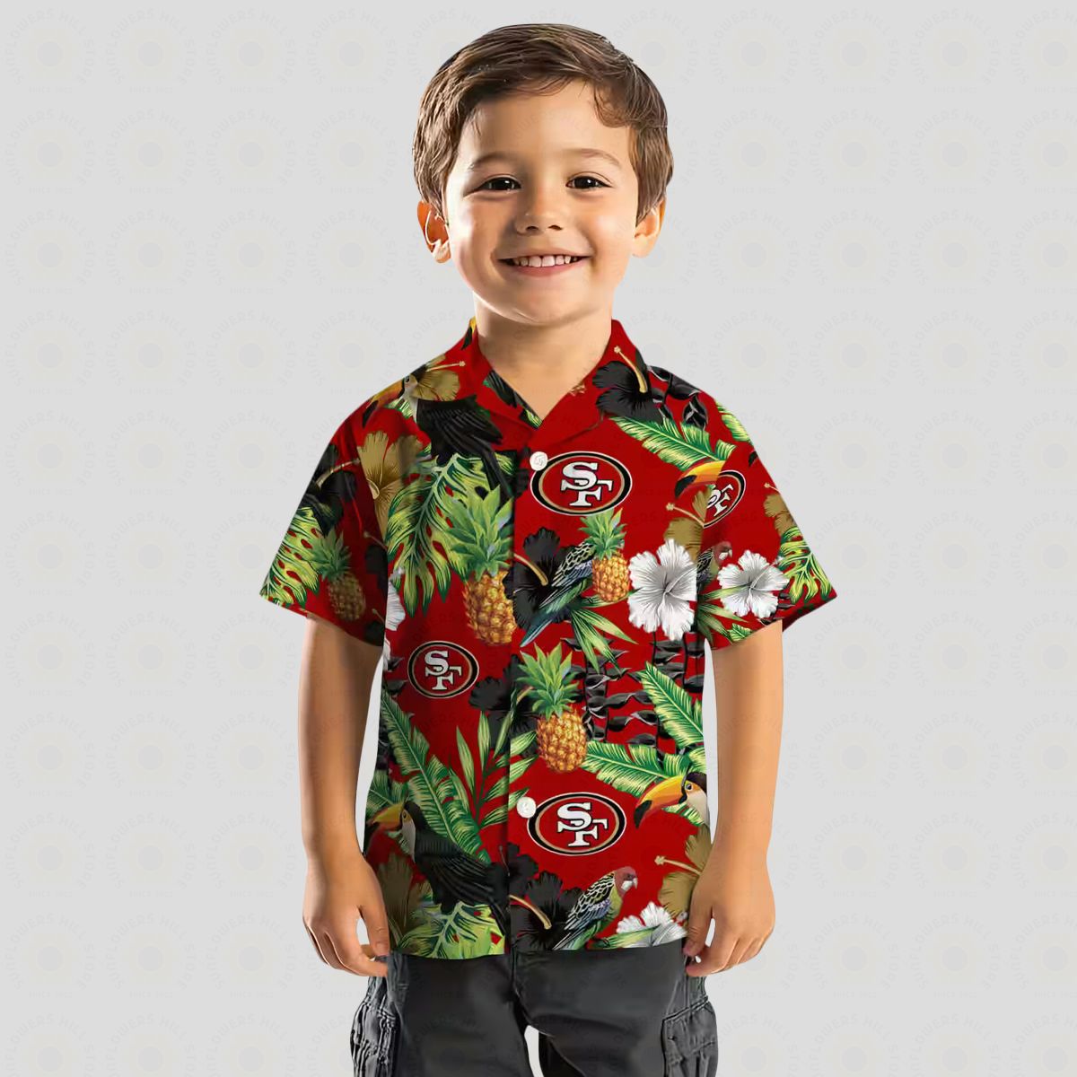 San Francisco 49ers Hawaiian Shirt – Toucan Hibiscus Pineapple Red & Green Aloha Shirt for NFL Fans
