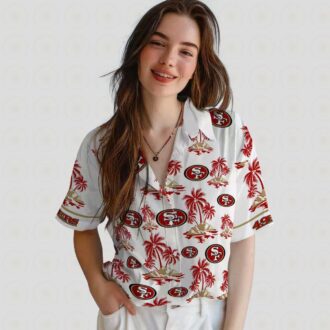 San Francisco 49ers Red & White Hawaiian Shirt with Palm Island Print for Men & Women