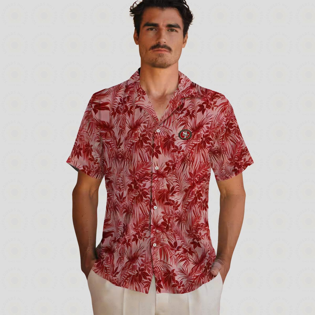 San Francisco 49ers Red Hawaiian Shirt with Leafy Tropical Pattern for Summer Vacation & Fans
