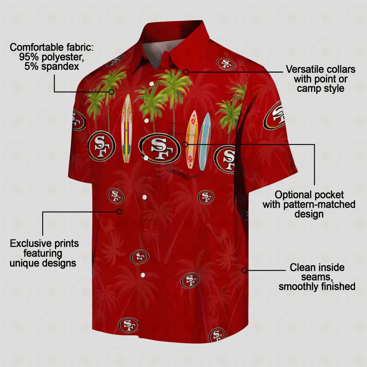 San Francisco 49ers Surfboard Palm Red Hawaiian Shirt for Fans, NFL Beach Shirt