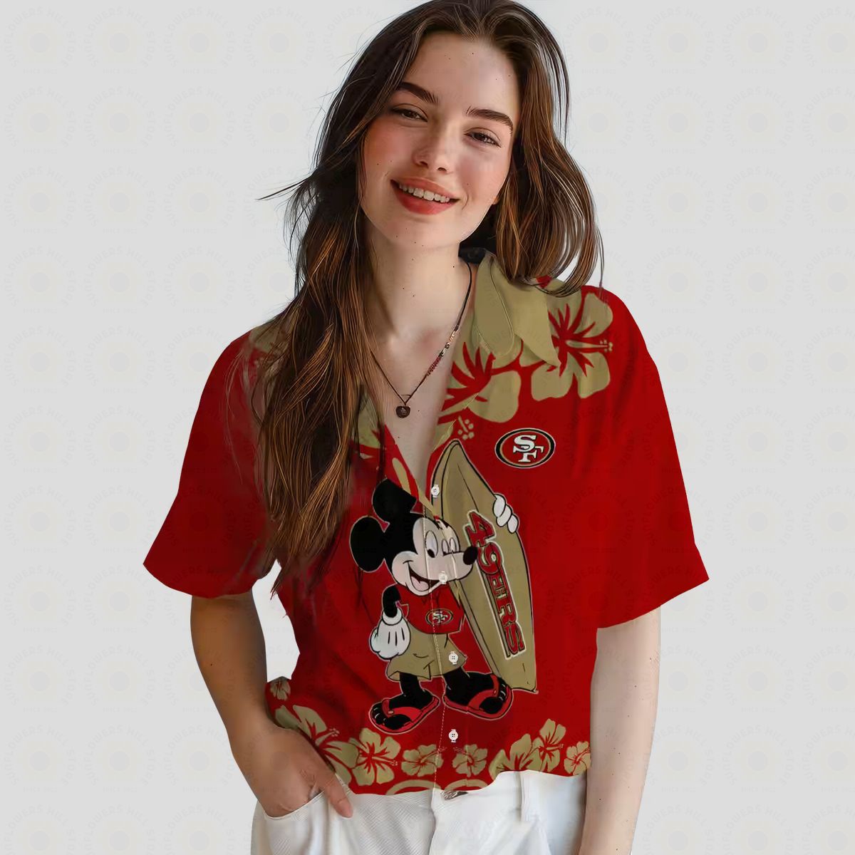 San Francisco 49ers Surfing Mickey Mouse Red Hawaiian Shirt for Summer Vacation