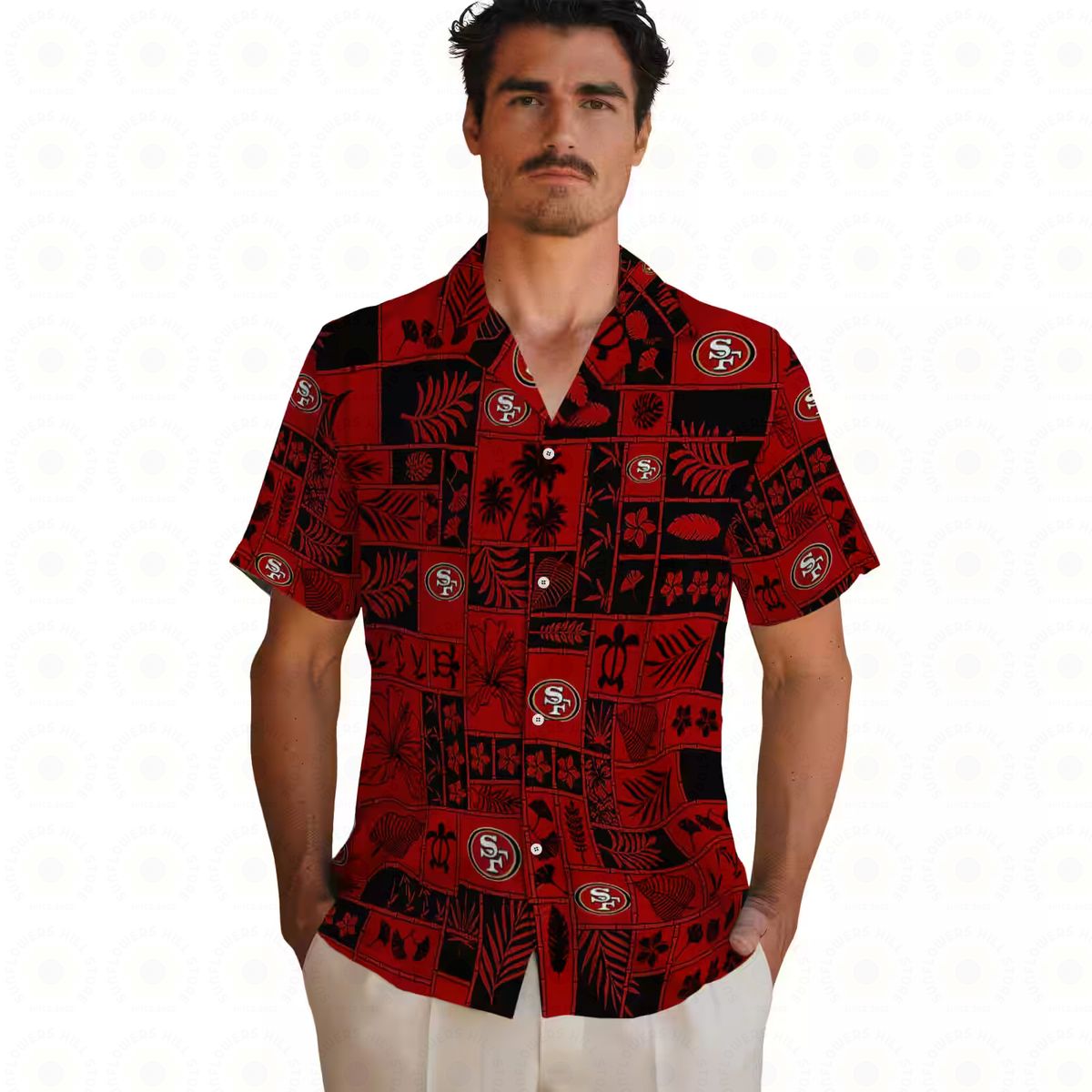 San Francisco 49ers Tropical Hawaiian Shirt, Red & Black Patchwork Aloha Shirt for NFL Fans