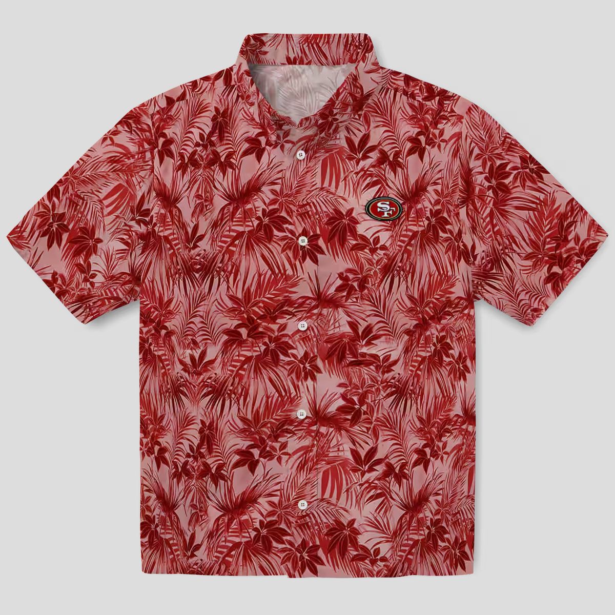 San Francisco 49ers Red Hawaiian Shirt with Leafy Tropical Pattern for Summer Vacation & Fans