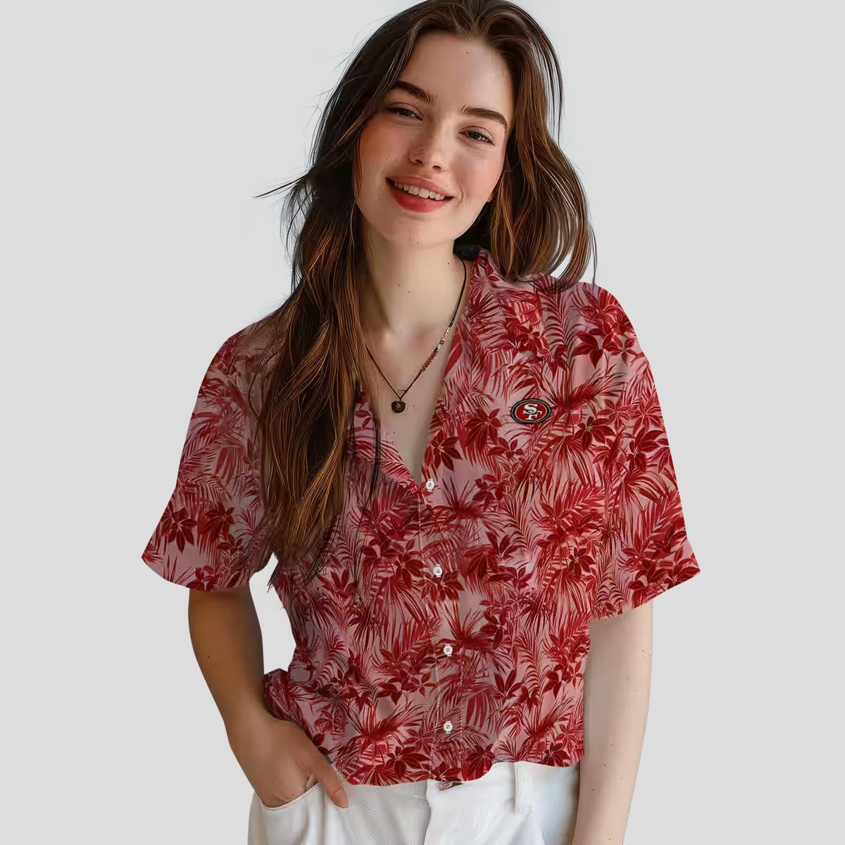 San Francisco 49ers Red Hawaiian Shirt with Leafy Tropical Pattern for Summer Vacation & Fans - Image 4