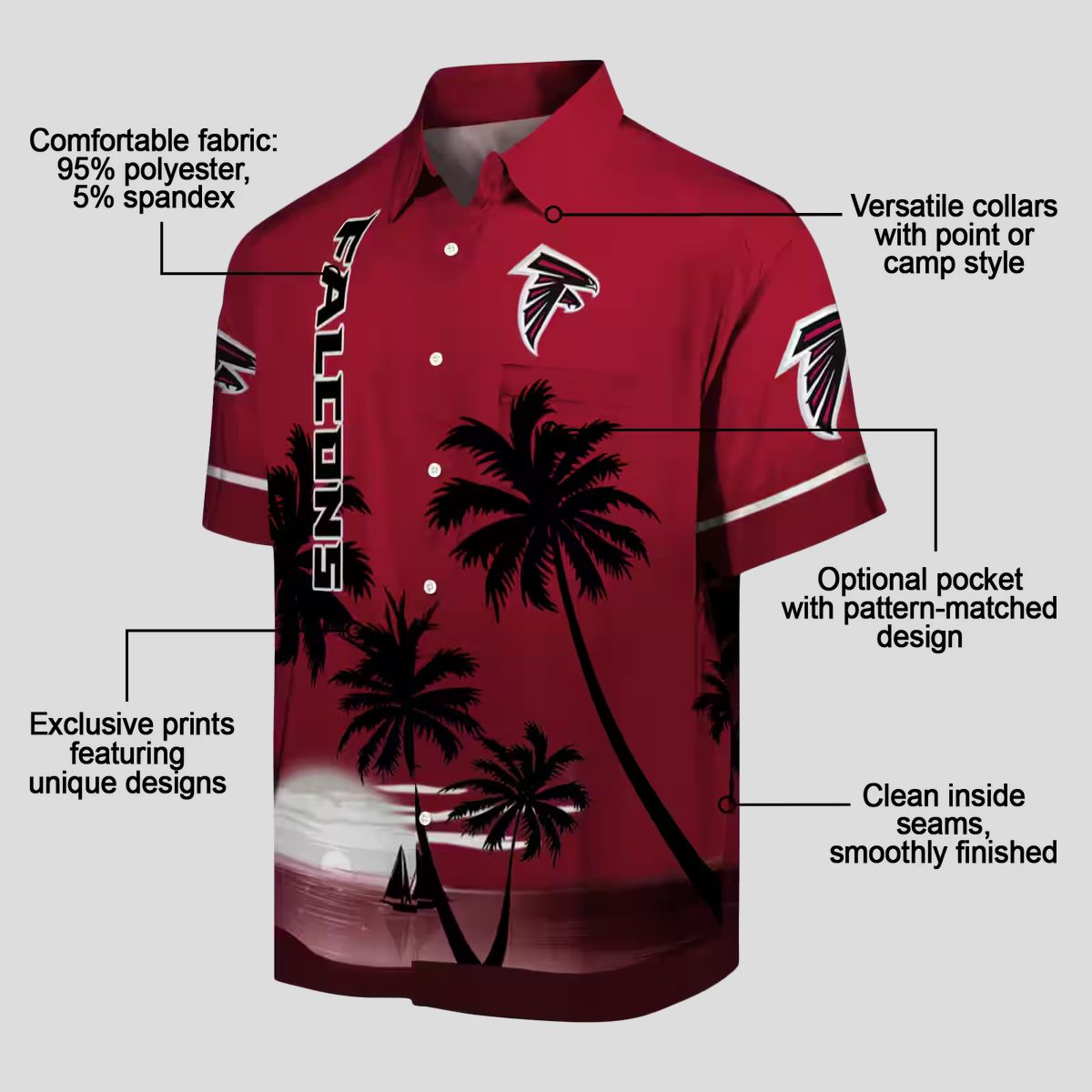Atlanta Falcons Beach Sunset Red Black Aloha Hawaiian Shirt for Fans & Summer Vacation