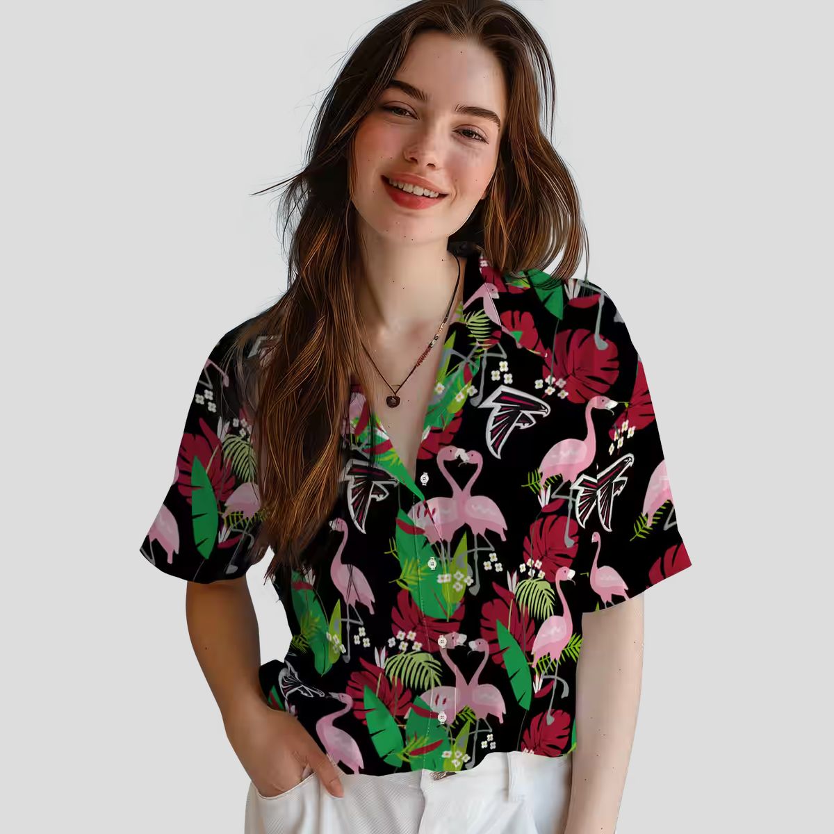 Atlanta Falcons Flamingo Foliage Hawaiian Shirt, Red & Green Summer Apparel
