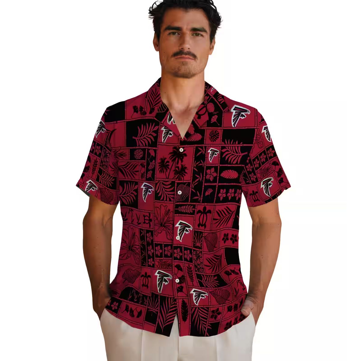 Atlanta Falcons Tropical Hawaiian Shirt - Red and Black Patchwork Design