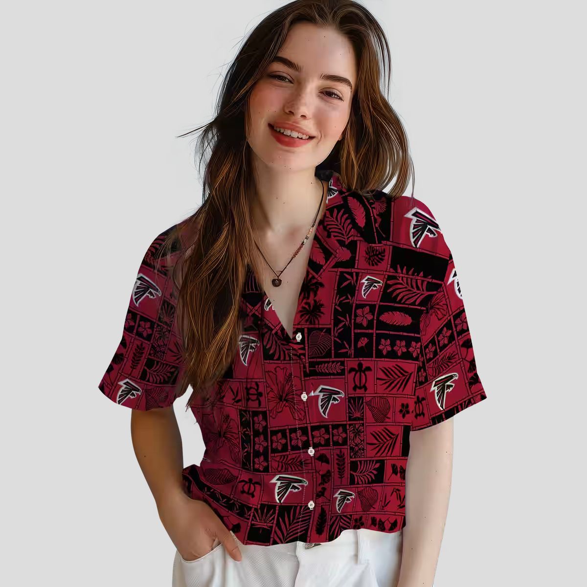 Atlanta Falcons Tropical Hawaiian Shirt - Red and Black Patchwork Design