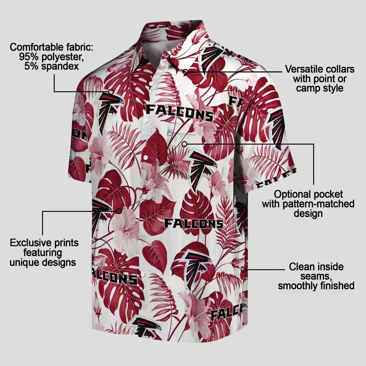 Atlanta Falcons Tropical Plants Hawaiian Shirt, Red & White Vacation Beachwear