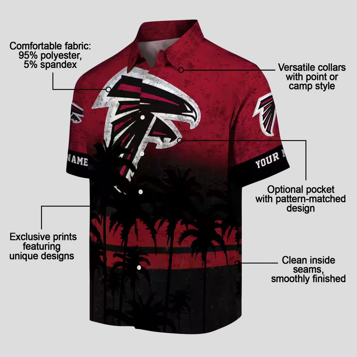 Custom Atlanta Falcons Sunset Pattern Hawaiian Shirt, Red & Black Tropical Shirt