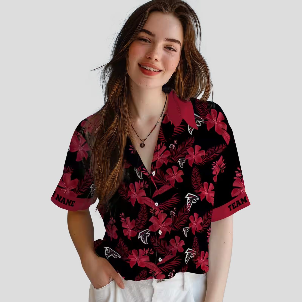 Personalized Atlanta Falcons Black Hawaiian Shirt with Botanical Print, NFL Aloha Shirt