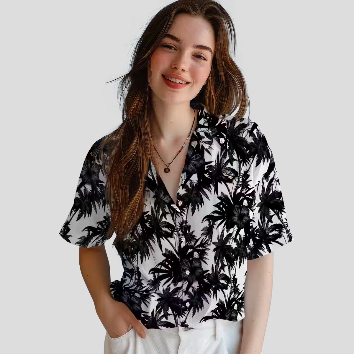 Baltimore Ravens Hawaiian Shirt Featuring Black White Palm Motifs