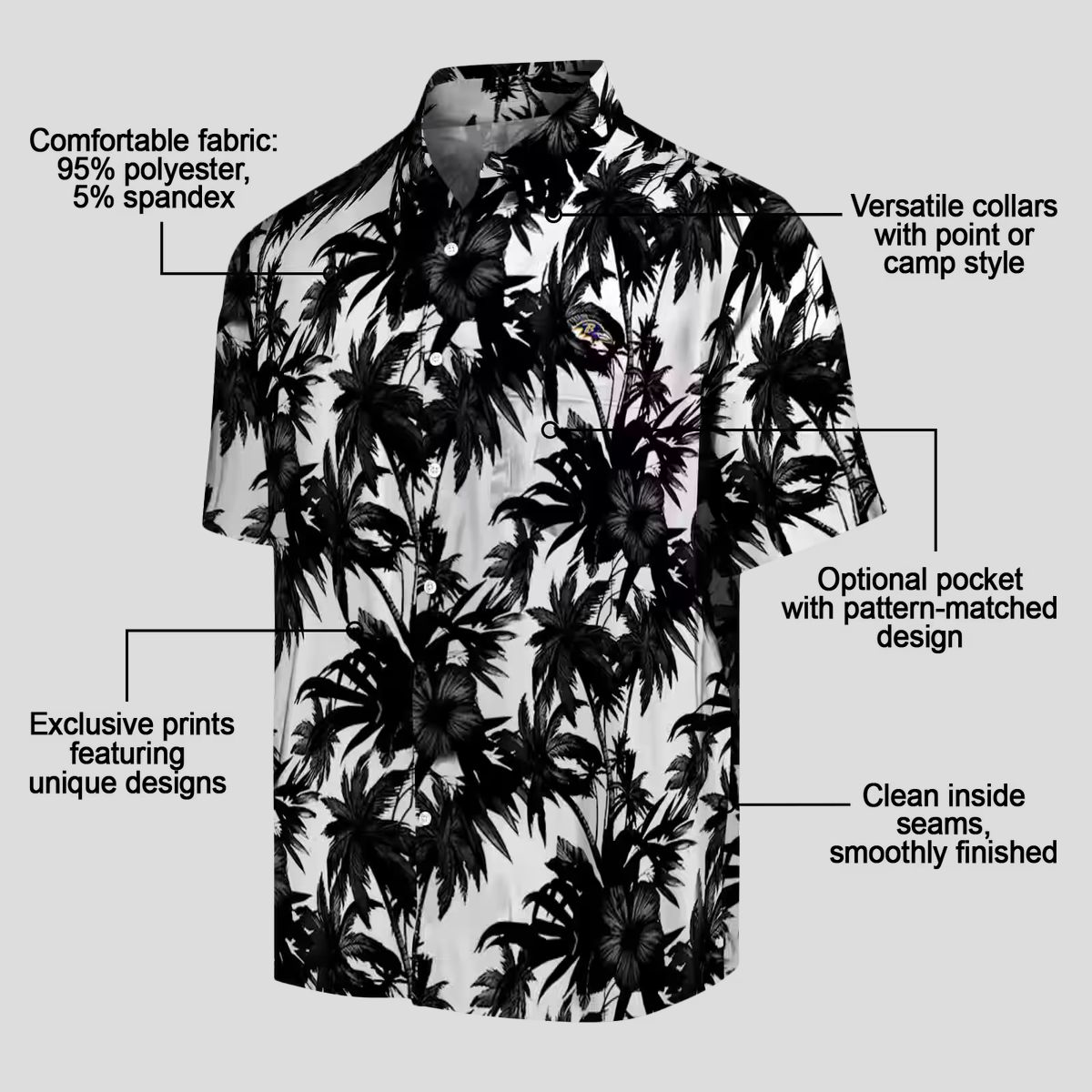 Baltimore Ravens Hawaiian Shirt Featuring Black White Palm Motifs
