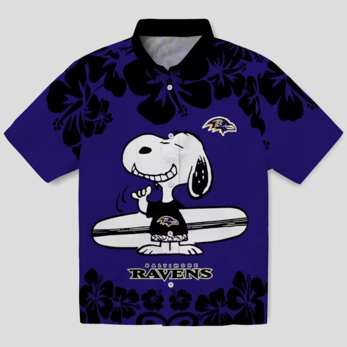 Baltimore Ravens Hawaiian Shirt with Fun Snoopy Surf Purple White Print