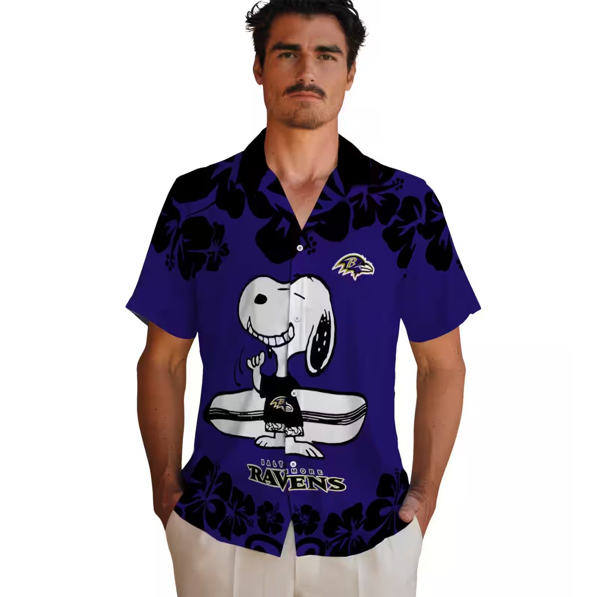 Baltimore Ravens Hawaiian Shirt with Fun Snoopy Surf Purple White Print