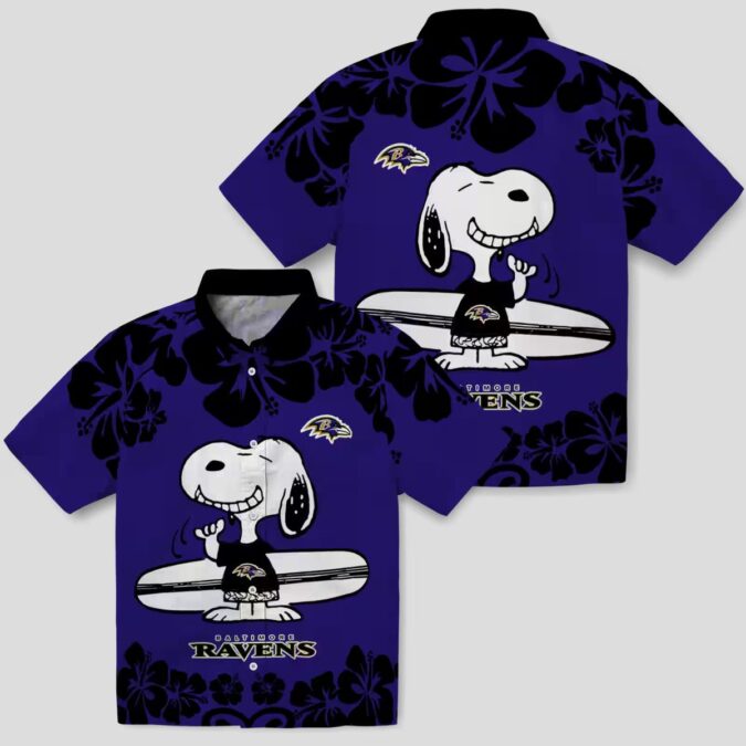 Baltimore Ravens Hawaiian Shirt with Fun Snoopy Surf Purple White Print