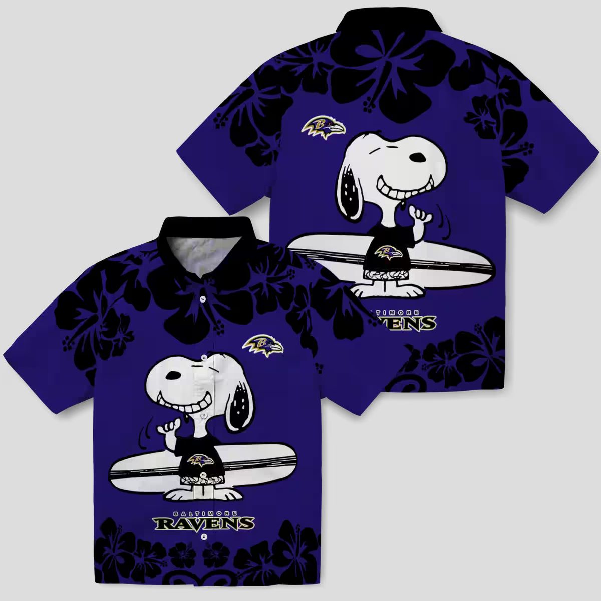 Baltimore Ravens Hawaiian Shirt with Fun Snoopy Surf Purple White Print