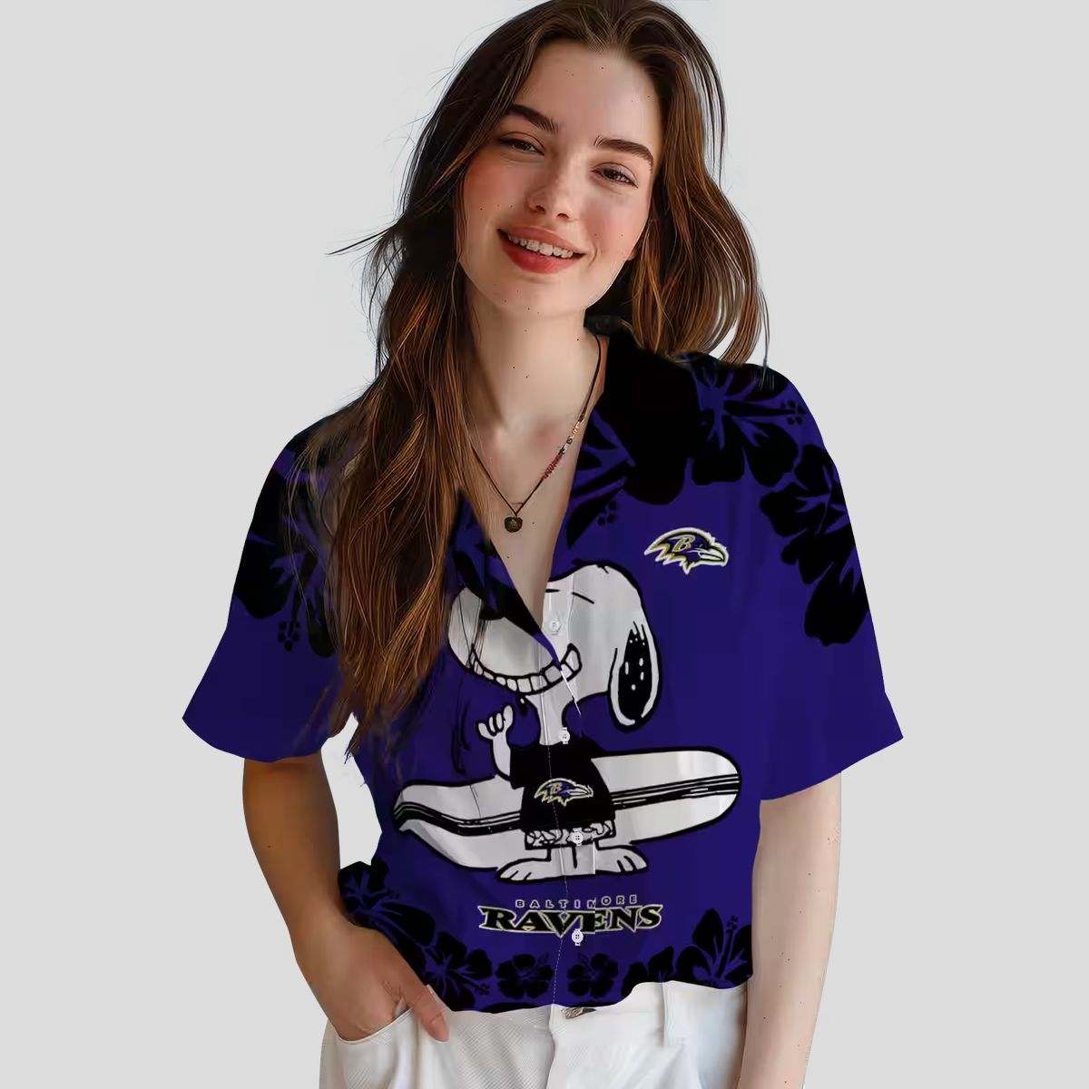 Baltimore Ravens Hawaiian Shirt with Fun Snoopy Surf Purple White Print