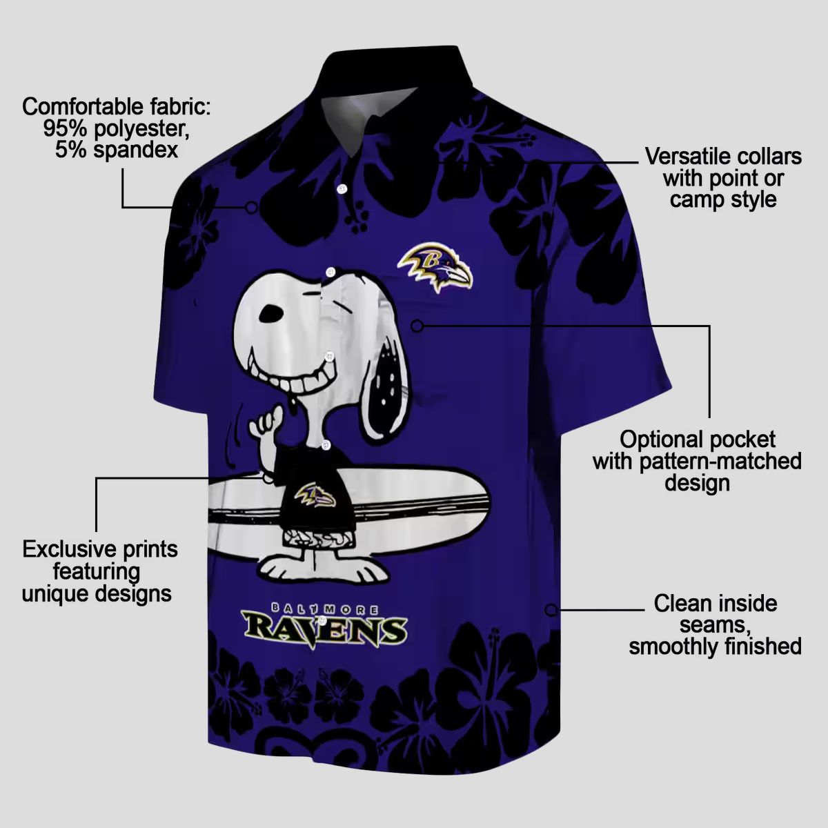 Baltimore Ravens Hawaiian Shirt with Fun Snoopy Surf Purple White Print